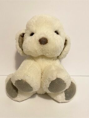 Gund 1983 Puppy Dog Rattle Plush White Baby Toy Stuffed Animal Spot on Back 9”